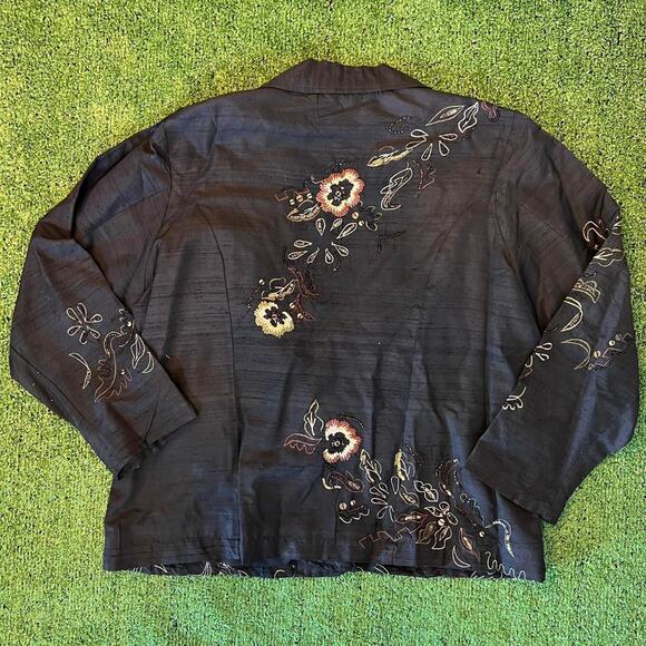 Laura Ashley silk black floral embroidered beaded sequin blazer jacket womens 1X - Picture 2 of 5